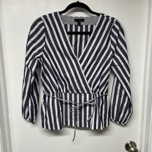 J.Crew Womens Blue White Striped Faux Wrap Peplum Blouse Cotton Size 4 Small